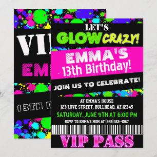 Glöd i Mörken Neon Party VIP Pass Birthday Inbjudningar