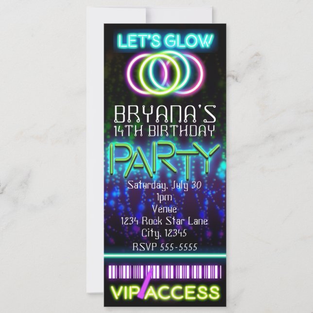 Glöd i Mörken Neon VIP Födelsedagsfest Biljett Inbjudningar (Framsida)