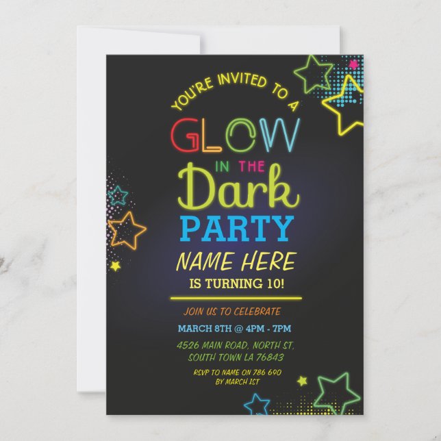 Glöd i Mörkens födelsedag Inbjudan Neon Kids Party (Framsida)