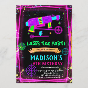 Glöd laser tag tjej födelsedagsinbjudan inbjudningar