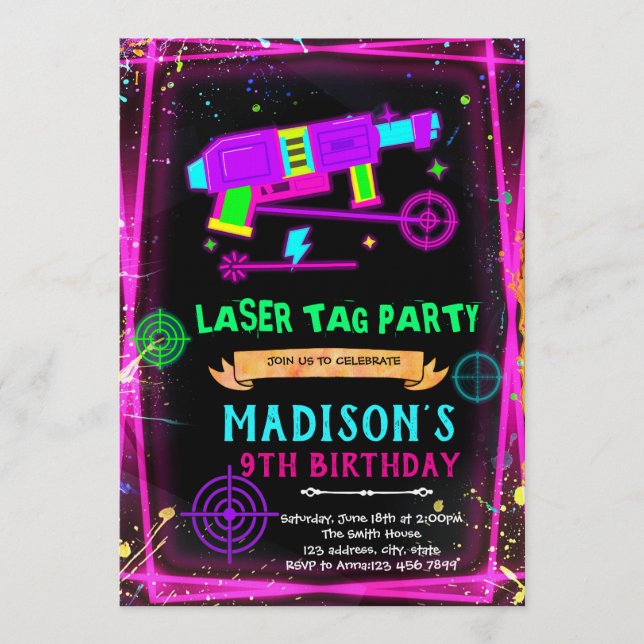 Glöd laser tag tjej födelsedagsinbjudan inbjudningar (Framsida)