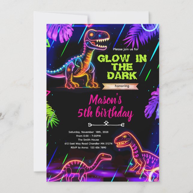 Glöd neon Dinosaur födelsedagsinbjudan Inbjudningar (Framsida)