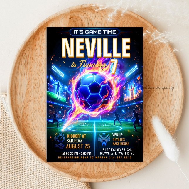 Glöd Neon Fotboll - Futuristisk Fotboll Födelsedag Inbjudningar (Glow Neon Soccer - Futuristic Football Birthday Invitation)