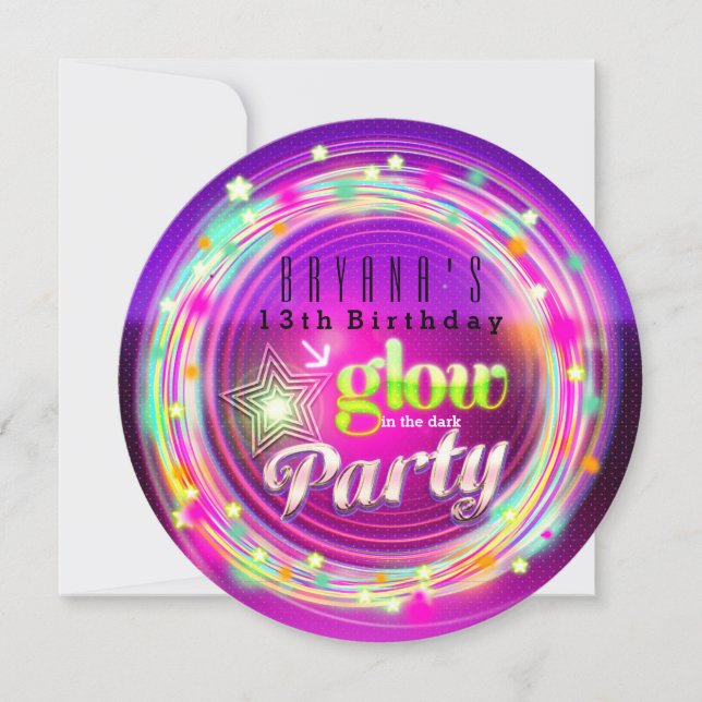 Glödande cirklar och stjärnor födelsedagsfest inbj inbjudningar (Framsida)