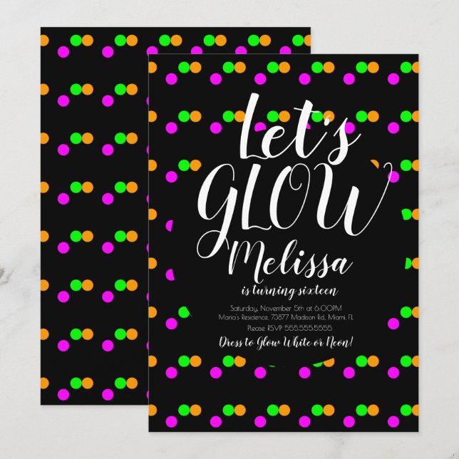 Glödande Födelsedagskonfetti Neon Glöd I Mörk Fest Inbjudningar (Fram/baksida)