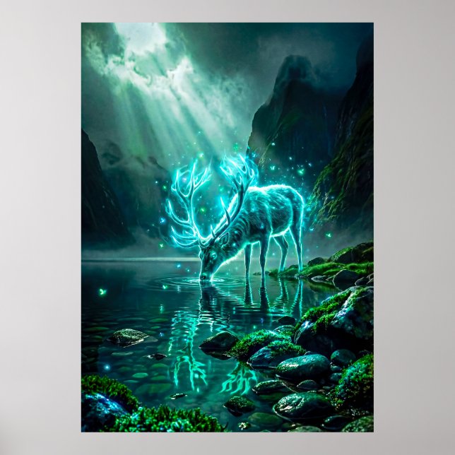 Glödande neoncyan eterisk hjort i fantasivärld poster (Framsidan)