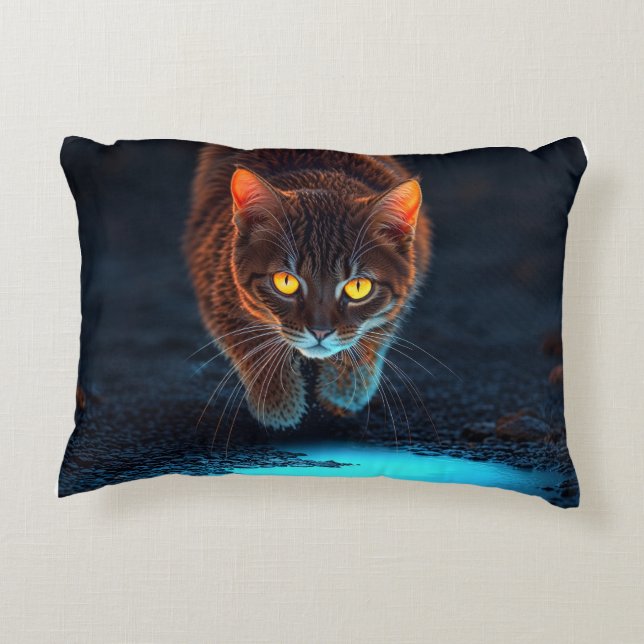 Glödande Ögon Katt Estetik Vilda Djur Illustration Prydnadskudde (Baksidan)