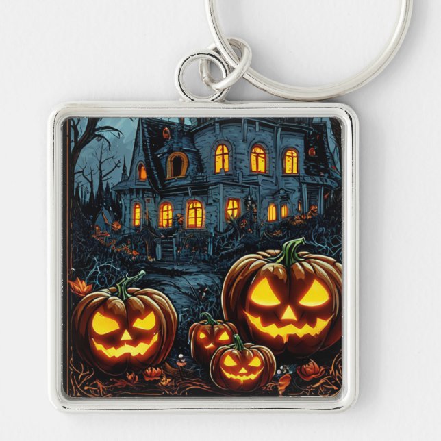 Glödande pumpor på Halloween-natten Fyrkantig Silverfärgad Nyckelring (Framsidan)