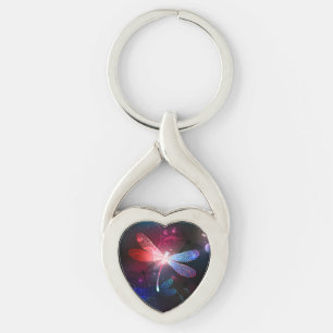 Glodande röd drakfluga twisted heart silverfärgad nyckelring