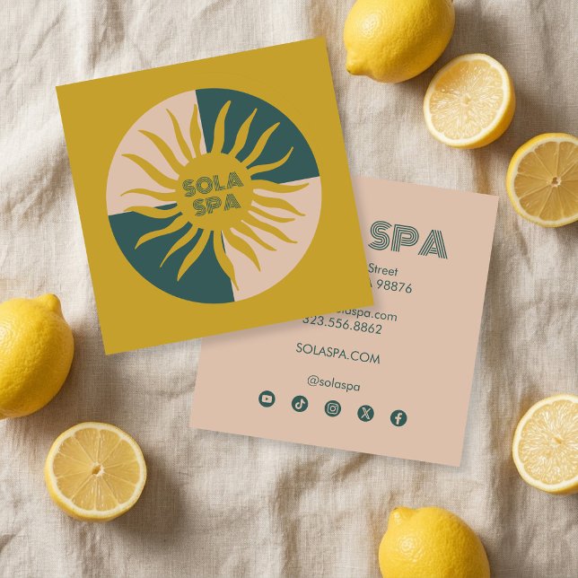 Glödande Sol Chic Modern Logotyp Ikoner för Social Fyrkantigt Visitkort (Glowing Sun Chic Modern Logo Social Media Icons Square Business Card
)