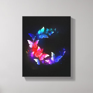 Gloing Neon Natt Butterflies på svart bakgrund Canvastryck