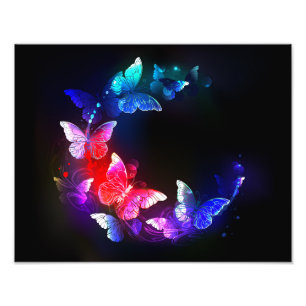 Gloing Neon Natt Butterflies på svart bakgrund Fototryck