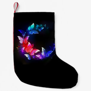 Gloing Neon Natt Butterflies på svart bakgrund Liten Julstrumpa