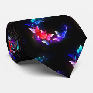 Gloing Neon Natt Butterflies på svart bakgrund Slips