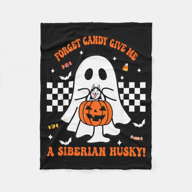 Glöm Godis Ge En Sibirisk Husky Rolig Halloween Fleecefilt (Framsidan)