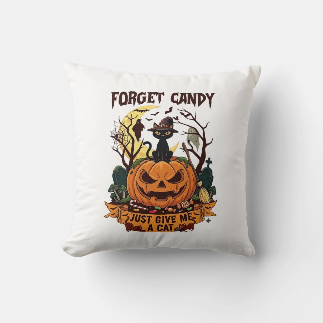 Glöm Godis Ge Mig Bara Katt Halloween Pumpa_1 Kudde (Framsida)