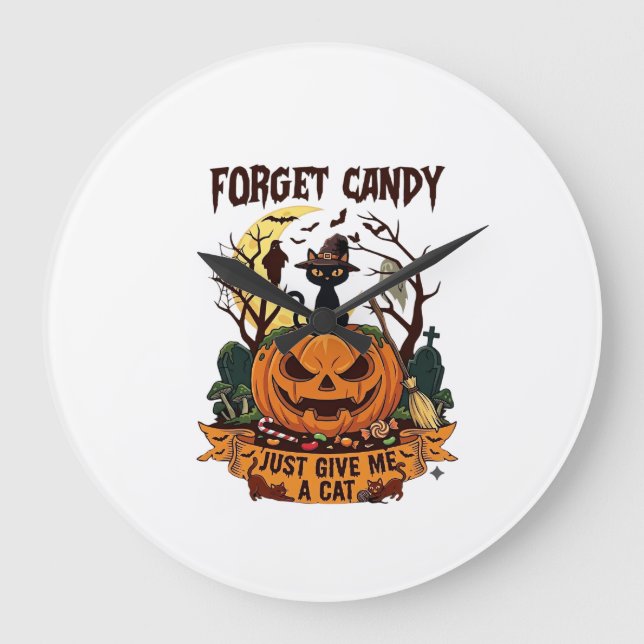 Glöm Godis Ge Mig Bara Katt Halloween Pumpa_1 Stor Klocka (Framsida)