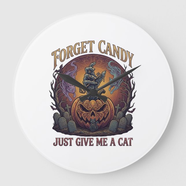 Glöm Godis Ge Mig Bara Katt Halloween Pumpa_1 Stor Klocka (Framsida)