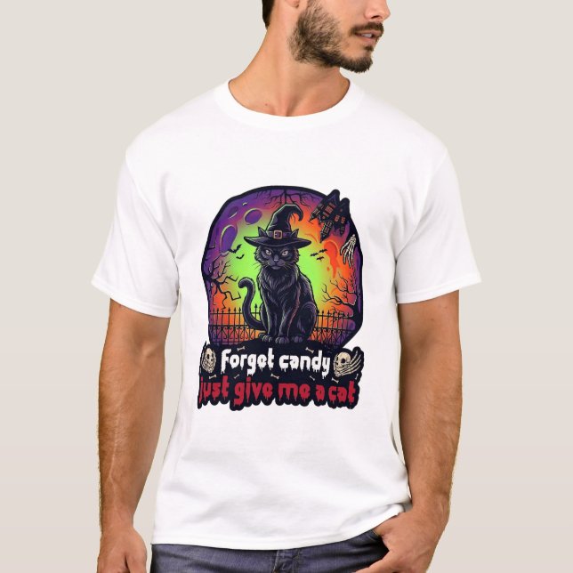 Glöm Godis Ge Mig Bara Katt Häxa Hatt T Shirt (Framsida)