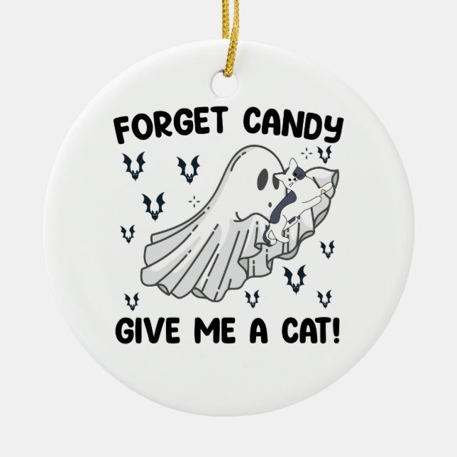 Glöm Godis Ge Mig En Katt Halloween Julgransprydnad Keramik (Framsidan)