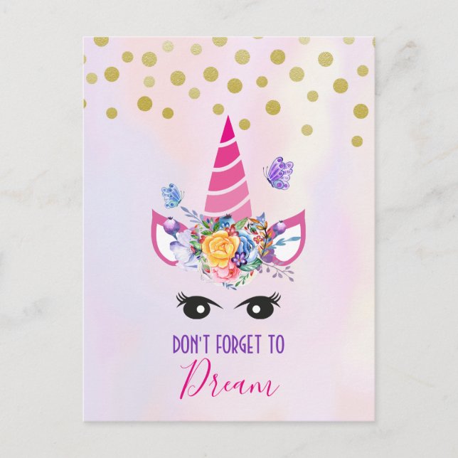 Glöm inte att drömma rosa Unicorn & konfettiar Vykort (Framsida)