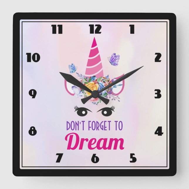 Glöm inte Dream Cute Rosa Unicorn Fyrkantig Klocka (Framsida)