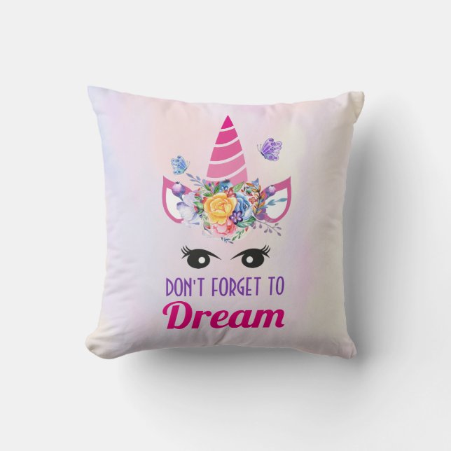 Glöm inte Dream Cute Rosa Unicorn Kudde (Framsida)