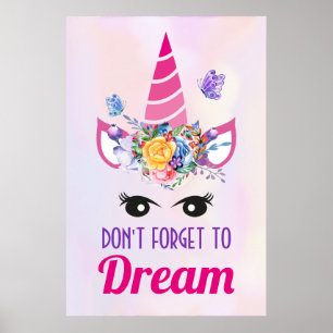 Glöm inte Dream Cute Rosa Unicorn Poster