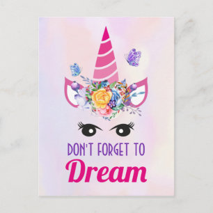 Glöm inte Dream Cute Rosa Unicorn Vykort