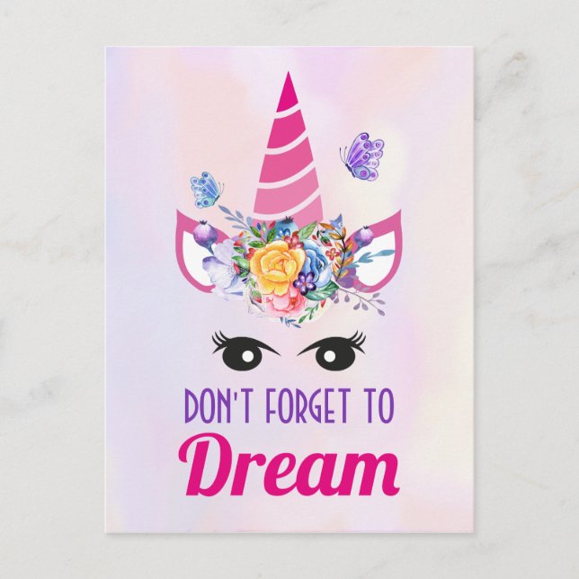 Glöm inte Dream Cute Rosa Unicorn Vykort (Framsida)