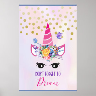 Glöm inte Dream Rosa Unicorn & Confetti Poster