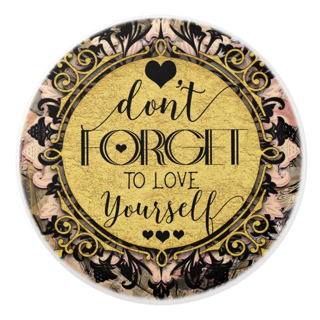 Glöm inte till Kärlek Yourself Black Marble Swirl Knopp (Framsidan)