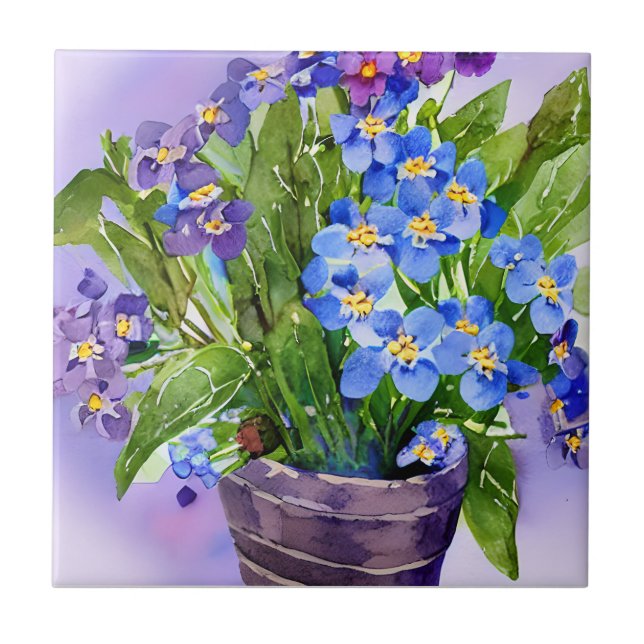 Glöm mig inte Blå Blommigt vattenfärg Kakelplatta (Framsidan)