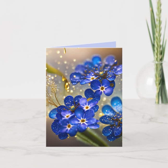 Glöm mig-inte-blomma med guld-accenter anteckningskort (Framsida)