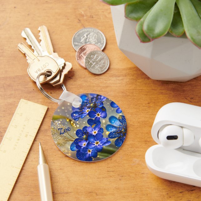 Glöm mig-inte-blomma med guld-accenter nyckelring (Skrivbord)