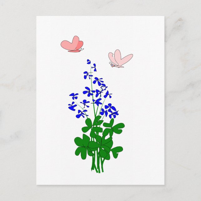 Glöm mig, inte blommor blå, skamrock, fjäril vykort (Framsida)