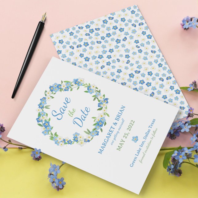 Glöm mig inte Blue & White Watercolor Bröllop Spara Datumet (Blue and White Forget-me-nots Save the Date Card)