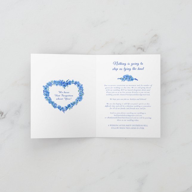 Glöm-mig-inte hjärta blå vit bröllopsdirektsändnin meddelande (Inuti)