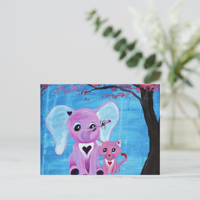 Glöm Mig Inte Rosa Elefant Katt Körsbärsblom Konst Vykort (Stående Fram)