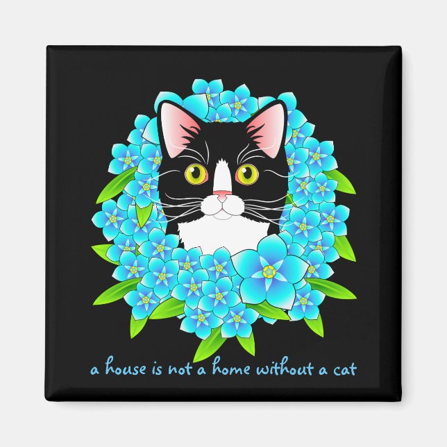 Glöm mig inte Tuxedo Cat Cute och Colorful Blommig Magnet (Framsidan)