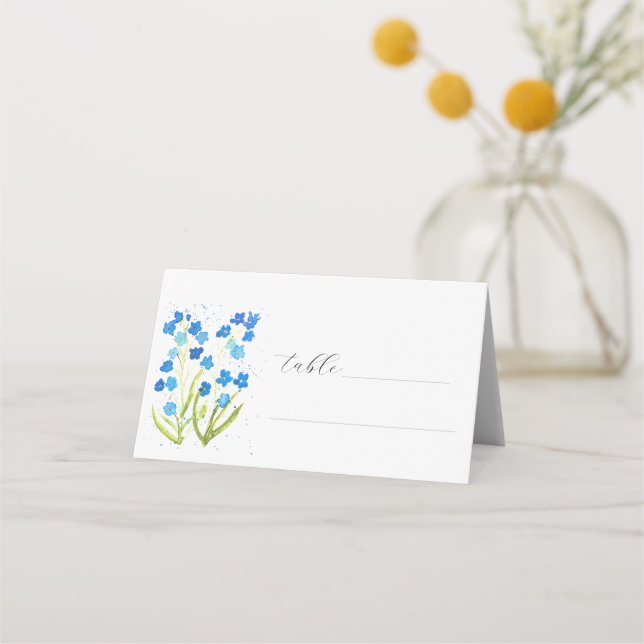 Glöm mig inte Watercolor Blue Blommigt Bröllop Placeringskort (Framsida)