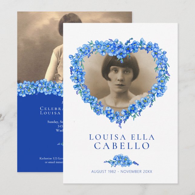 Glöm mig-nots begravning firande av livblått inbjudningar (Fram/baksida)