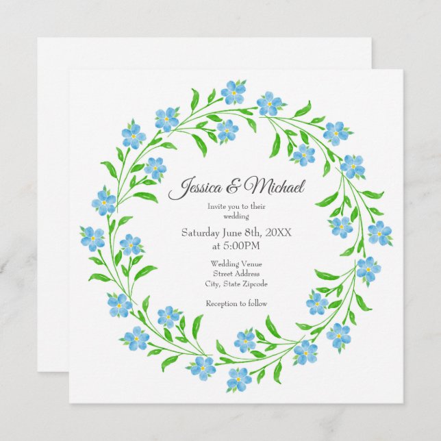 Glöm mig Nots Watercolor Blommigt Wand Inbjudningar (Fram/baksida)