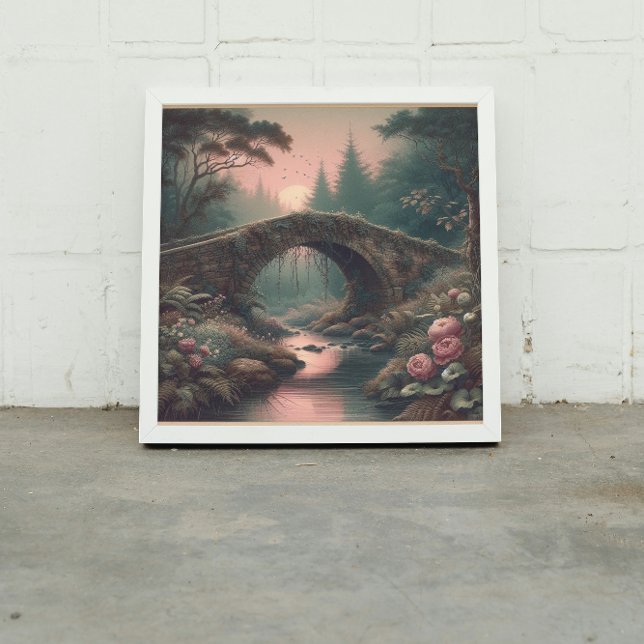 Glömd Ivy Bridge i skymningsdimma skog Canvastryck (Twilight glow meets vintage mystery in this misty forest bridge scene 🌕

)