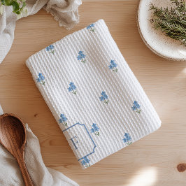 Glömm Mig Inte Akvarell Blå Blomma Monogram Kökshandduk