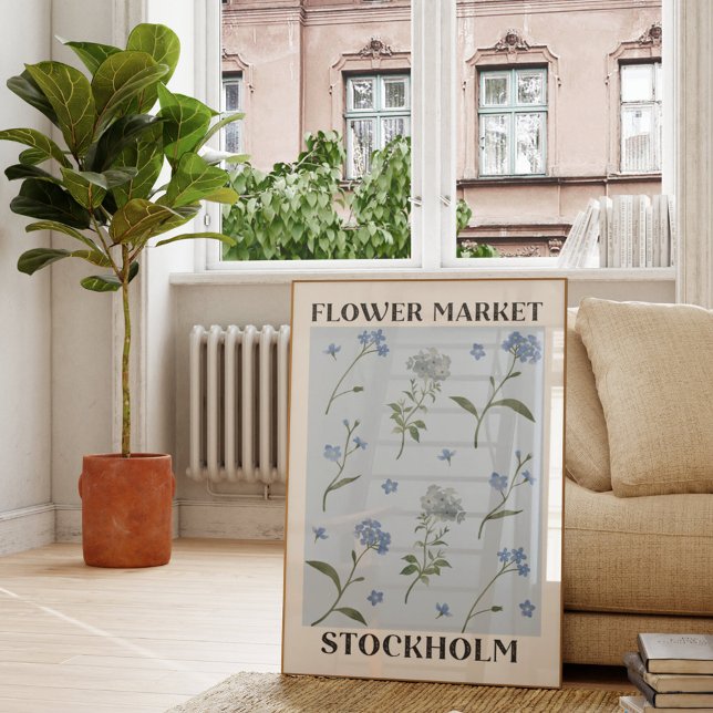 Glömm Mig Inte Blå Blommig Akvarell Blomstermarkna Poster (In situ living room)