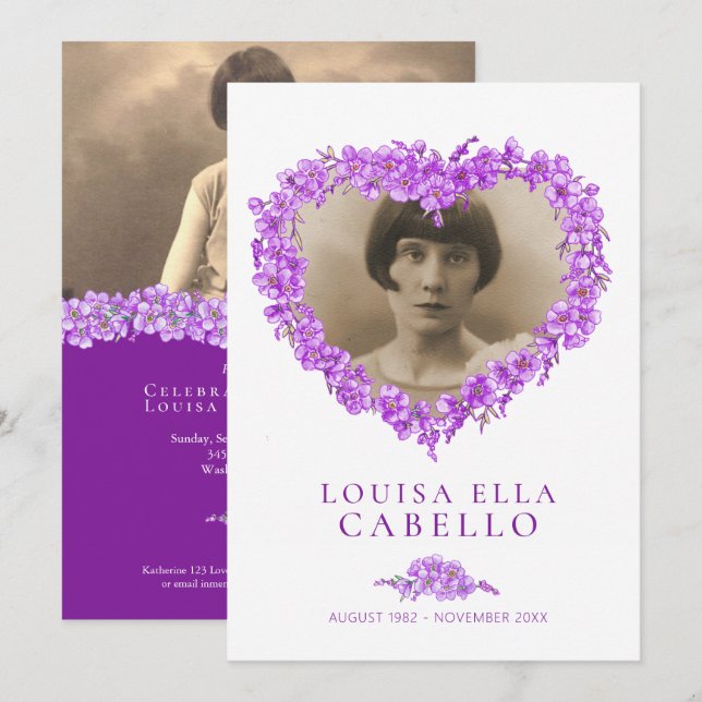 Glömma mig-nots begravning firande av livets lila inbjudningar (Fram/baksida)