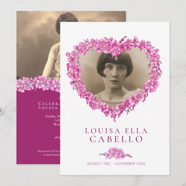 Glömma mig-nots begravning firande av livets rosa inbjudningar (Fram/baksida)