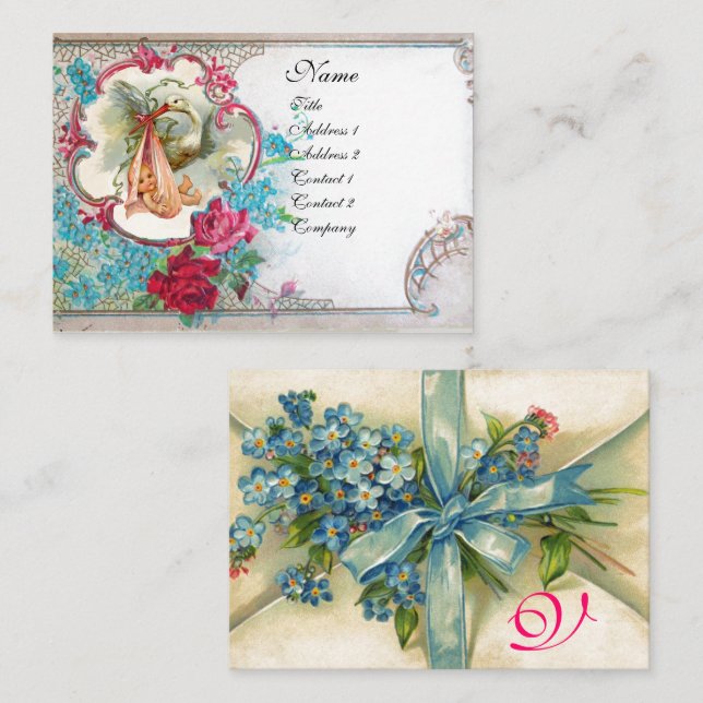 GLÖMMA MIG NOTS LAGRING BABY SHOWER 2 MONOGRAM vit Visitkort (Fram/baksida)