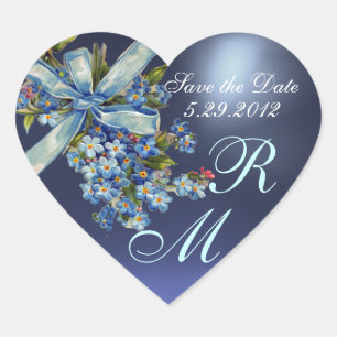 GLÖMMA MIG NOTS MONOGRAM, BRÖLLOPSFEST Blue Gem Hjärtformat Klistermärke